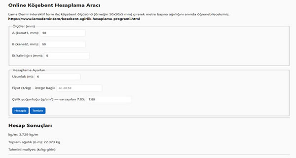 Köşebent Ağırlık Hesaplama Programı